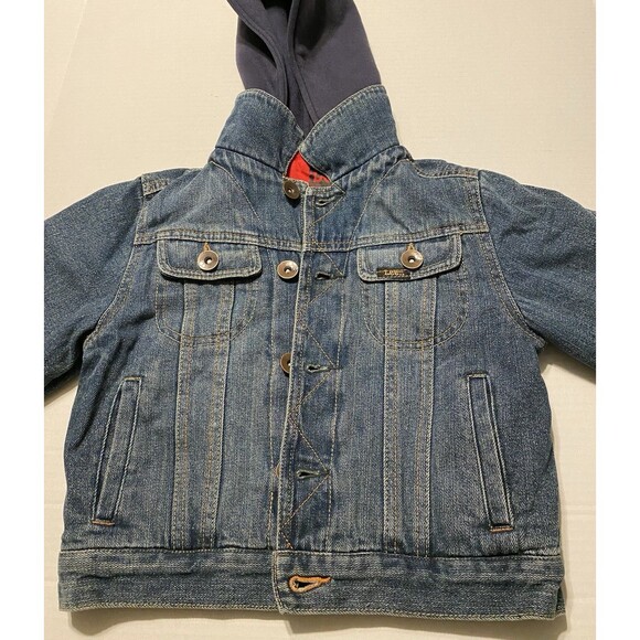 Jean Denim Jacket Boys M 5/6 LEE Pipes Hooded Fleece Lined Warm Coat Patches Y2K - Picture 10 of 16